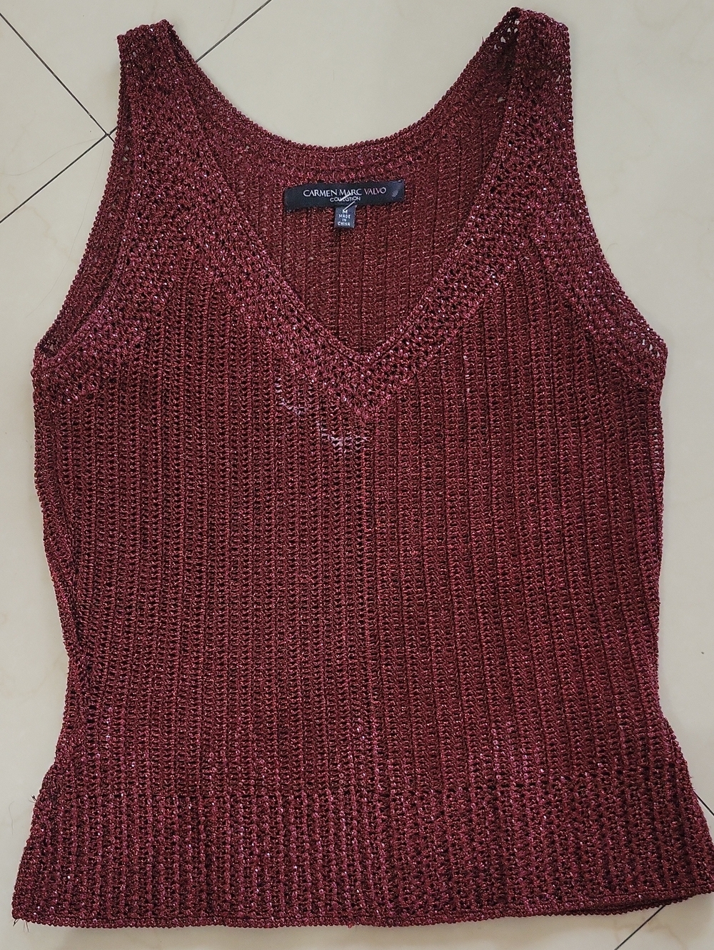 Carmen Marc Valvo Shimmer Knit V-Neck Tank - Wine